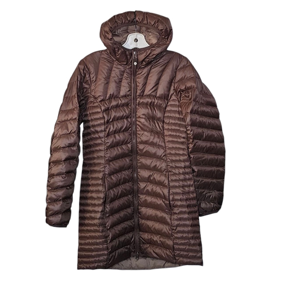 Eddie Bauer 3/4 Length Chocolate Brown Down Puffer Jacket w Hood women's small